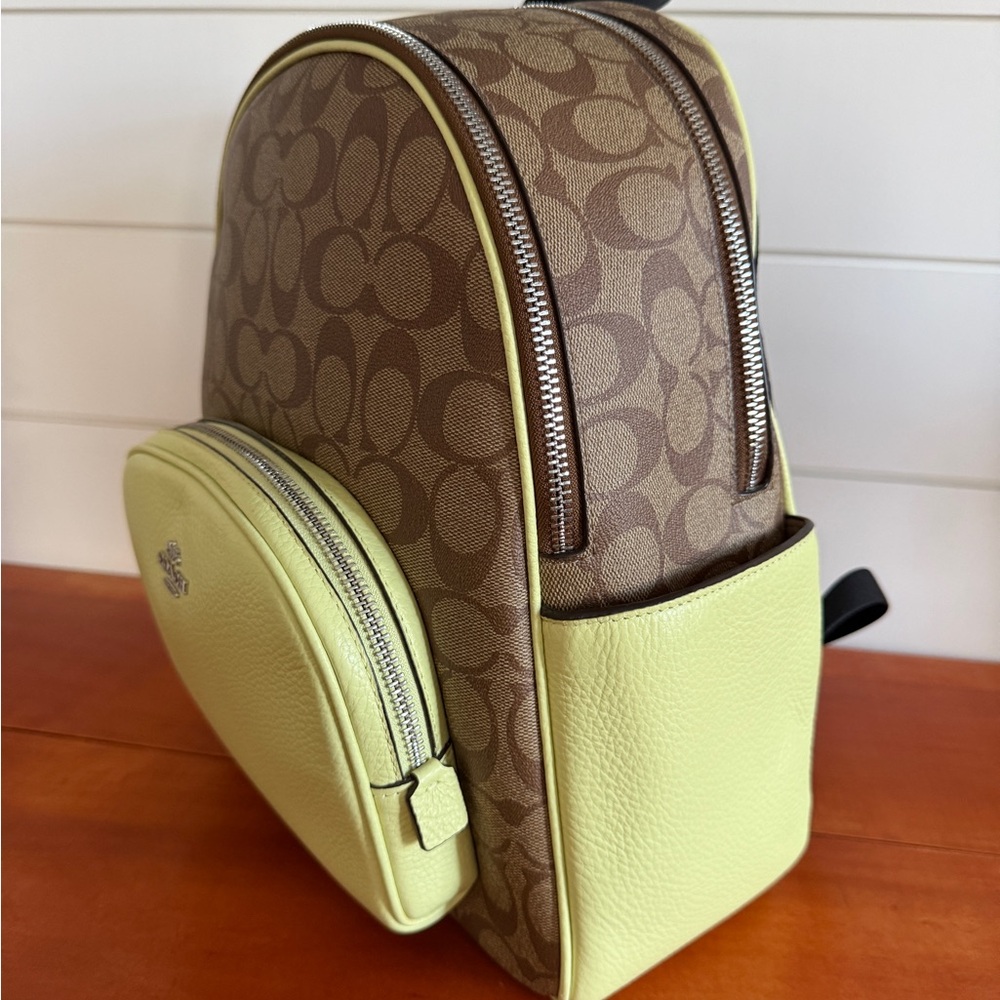 Coach Signature Brown and Pale Lime Green Backpack - Picture 2 of 15